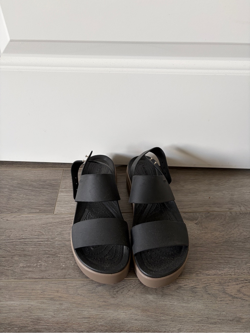 CROCS Black Sandals with Tan Platform Sole